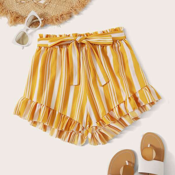 

Striped Frill Hem Paperbag Waist Belted Shorts