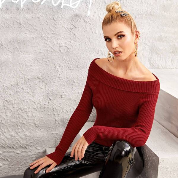 

Off The Shoulder Ribbed Fitted Jumper, Burgundy