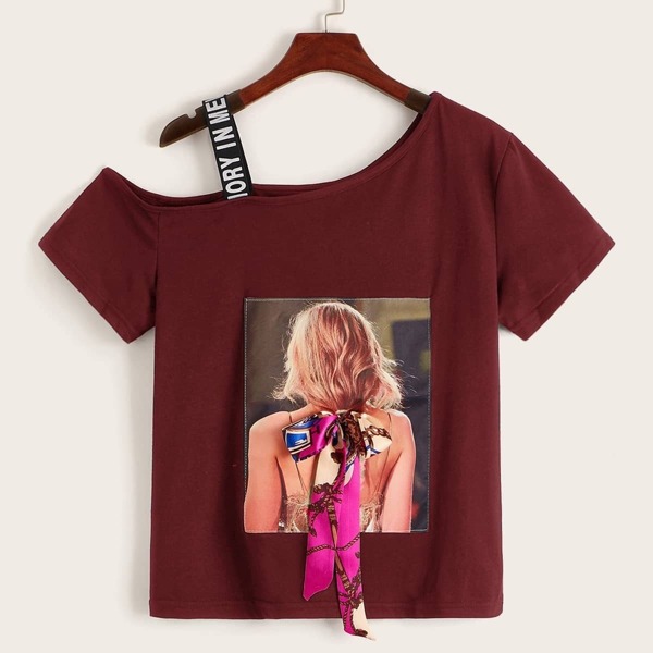 

Figure Graphic Bow Front Asymmetrical Neck Tee, Burgundy