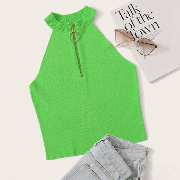 

Neon Green O-ring Zip Halter Neck Knit Top