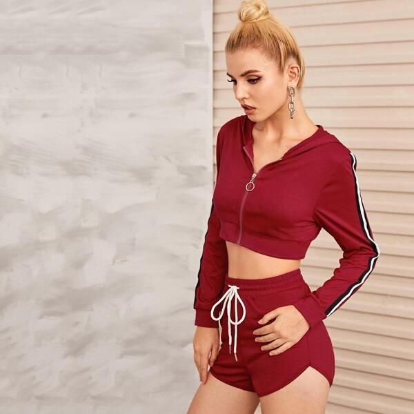 

Tape Side Crop Hoodie & Drawstring Track Shorts, Burgundy