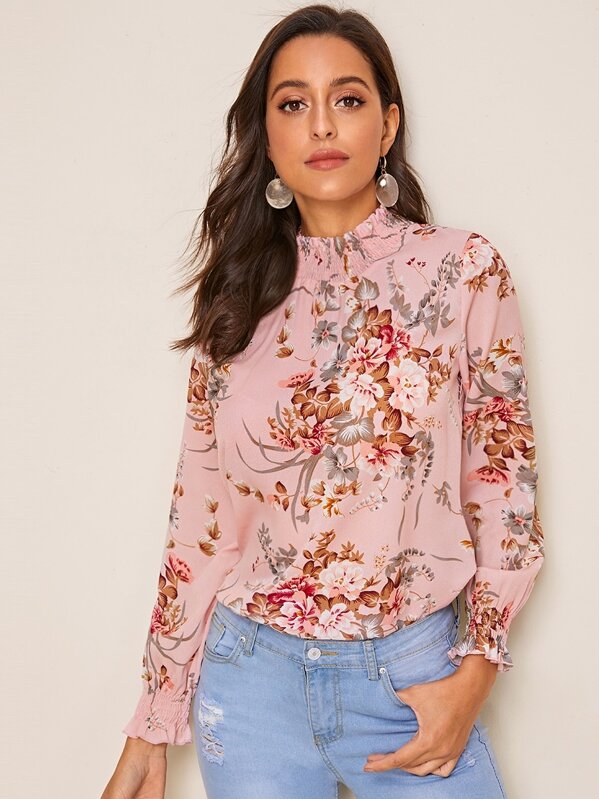 

Floral Print Frill Trim Shirred Top, Pink, Mary P.