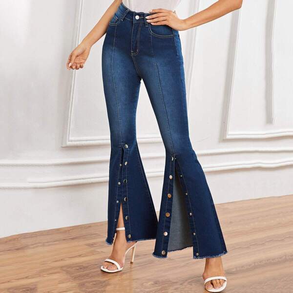 

Raw Hem Button Detail Flare Leg Jeans