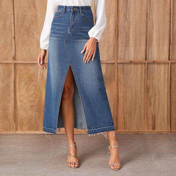 

Raw Hem Split Hem Denim Skirt, Blue
