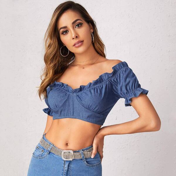 

Ruffle Trim Shirred Bustier Crop Denim Top, Blue