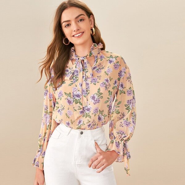 

Floral Print Tie Neck Flounce Sleeve Blouse