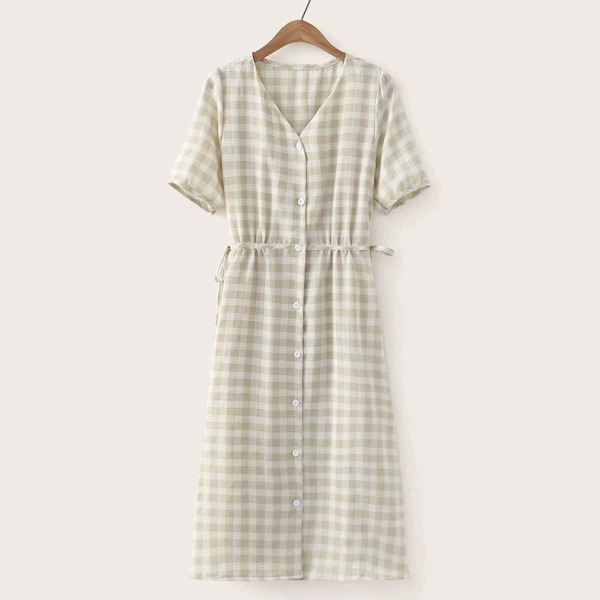 

Gingham Button Front Drawstring Knot Waist Dress