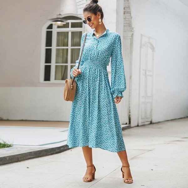

Ditsy Floral Shirred Waist Shirt Dress, Blue