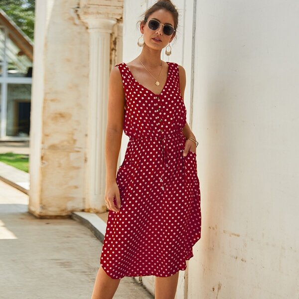 

Polka Dot Drawstring Waist Button Front Dress
