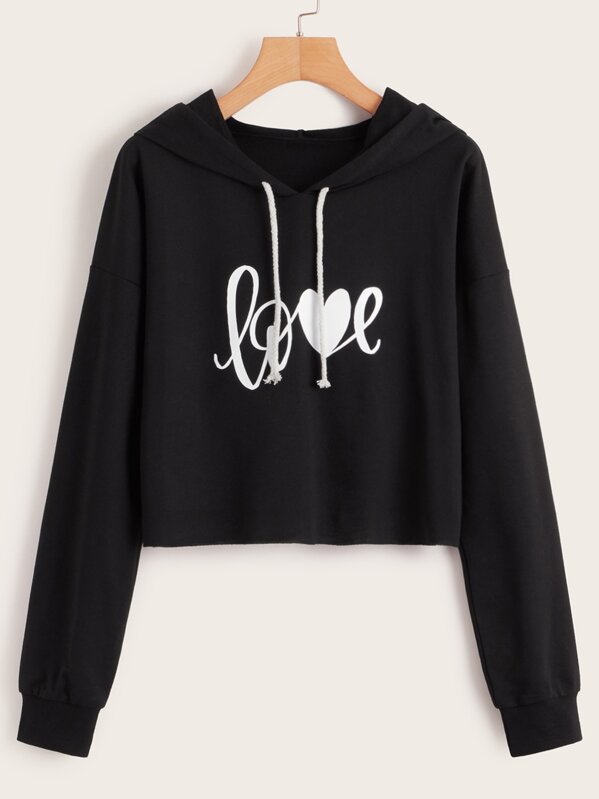 Letter Graphic Drawstring Crop Hoodie, Black