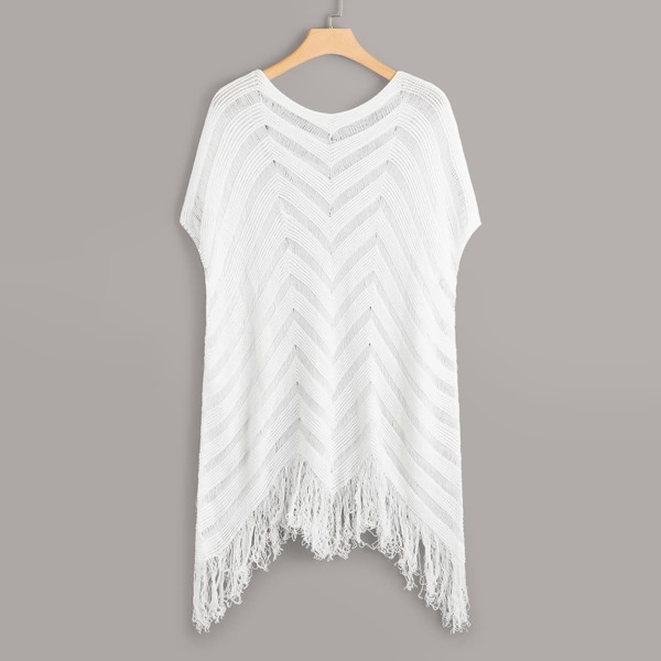 

Plus Hollow Out Fringe Hem Crochet Cover Up, White