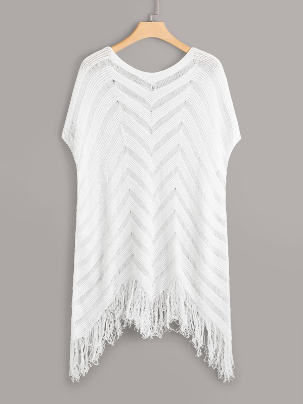 

Plus Hollow Out Fringe Hem Crochet Cover Up, White