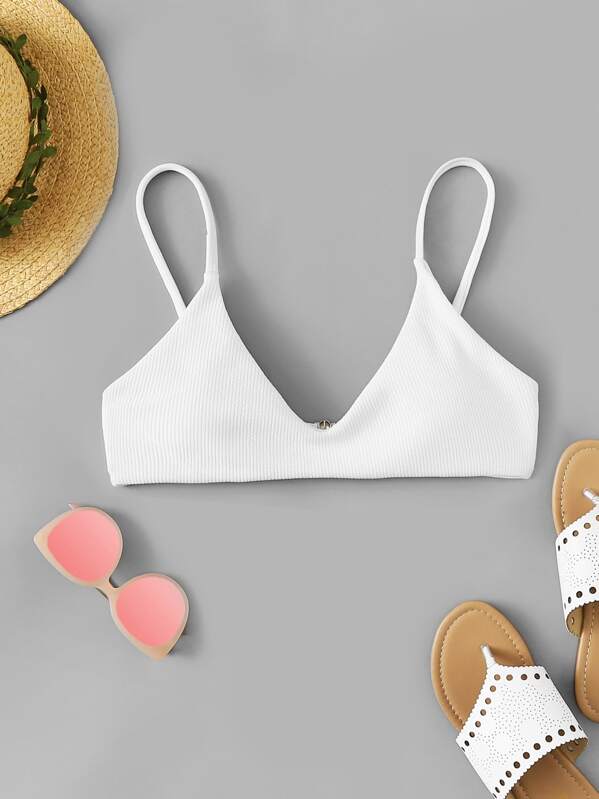 

Textured V Neck Bikini Top, White
