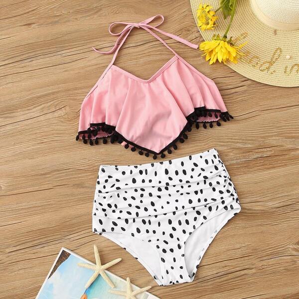 

Pom-pom Hanky Hem Top With Dalmation Bikini Set, Multicolor
