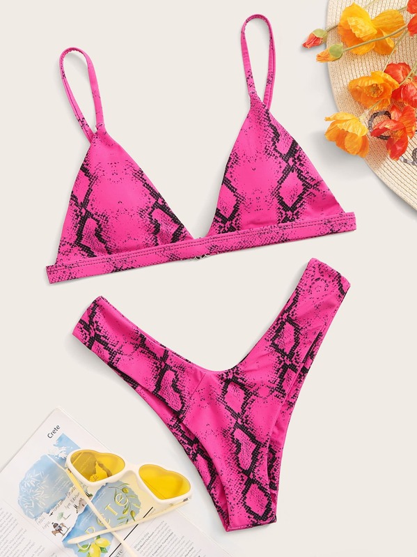 

Snakeskin Triangle Top With High Cut Bikini Set, Pink