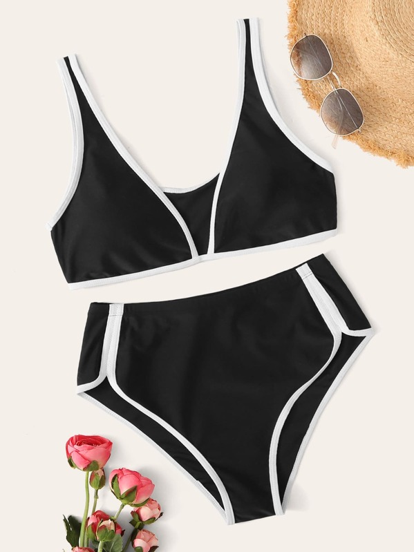 

Contrast Binding V Neck Bikini Set, Black