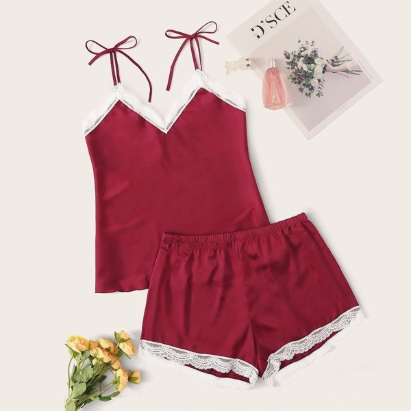 

Lace Trim Satin Cami PJ Set