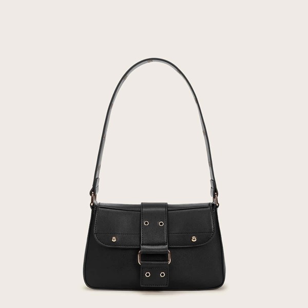 

Studded Decor Flap Hobo Bag, Black