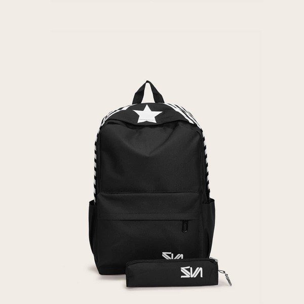 

Stripe Pattern Backpack With Pen Case 2pcs, Black