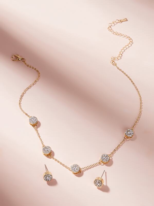 

Rhinestone Engraved Chain Necklace & Earrings 3pcs