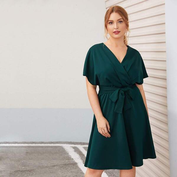 

Plus Surplice Neck Belted Dress, Green