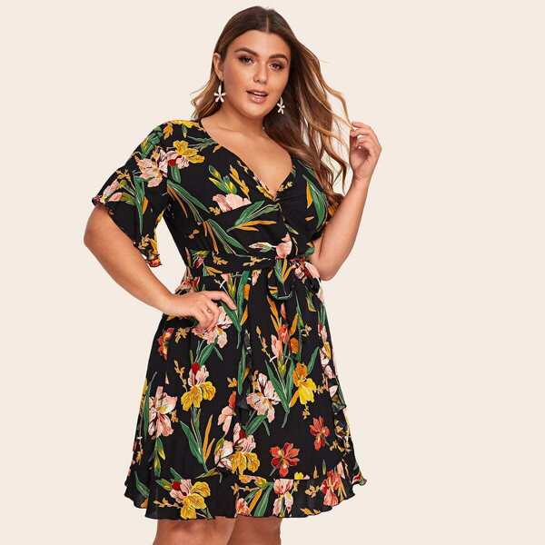 

Plus Floral Twist Front Belted Dress, Multicolor