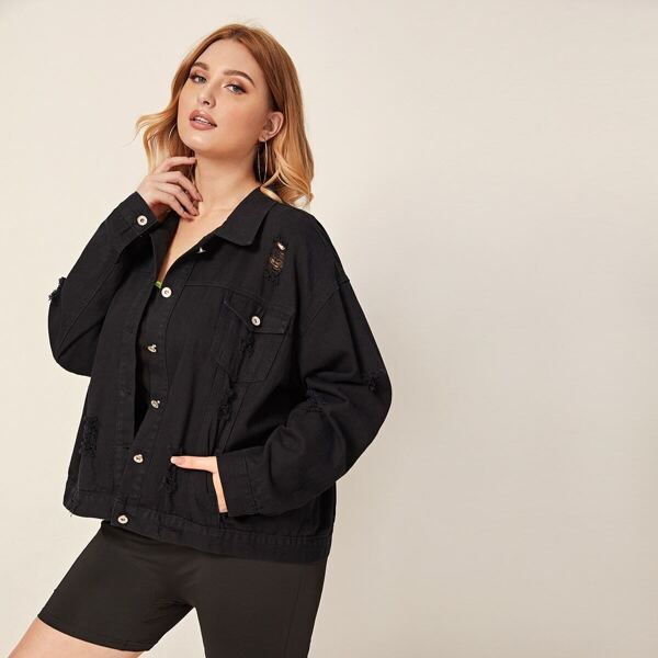

Plus Black Wash Ripped Denim Jacket
