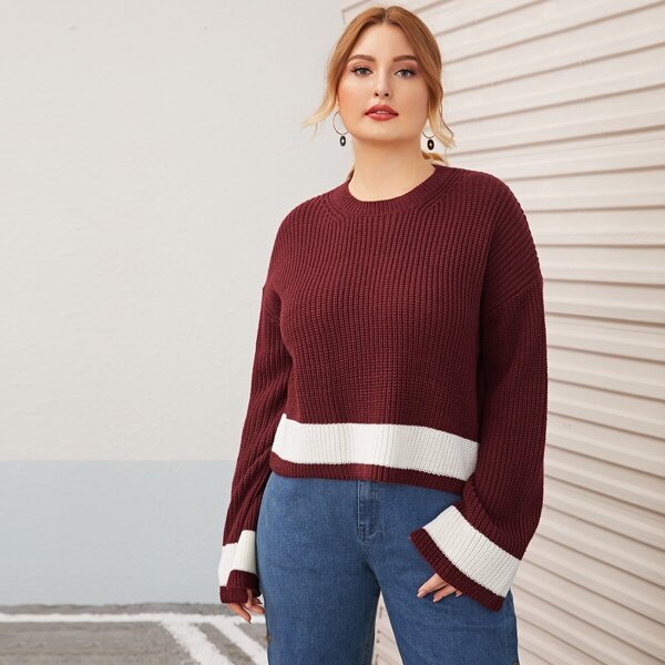 

Plus Colorblock Rib Knit Sweater, Burgundy