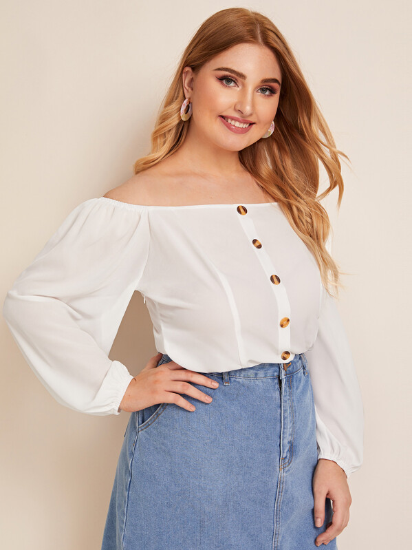 

Plus Off Shoulder Button Front Top, White, Nora