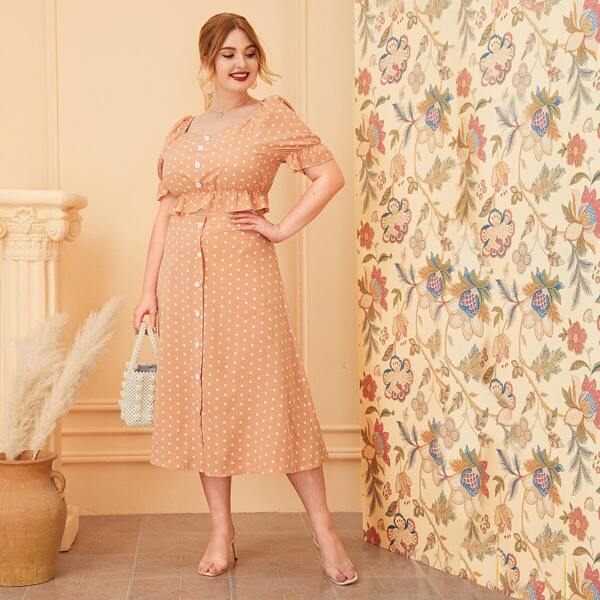 

Plus Polka Dot Ruffle Hem Top & Skirt Set, Orange