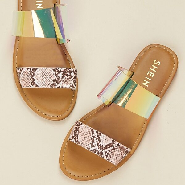 

Snakeskin And Iridescent Band Open Toe Sandals, Multicolor