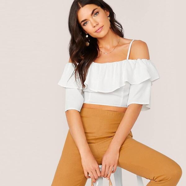 

Cold Shoulder Ruffle Shirred Crop Top, White