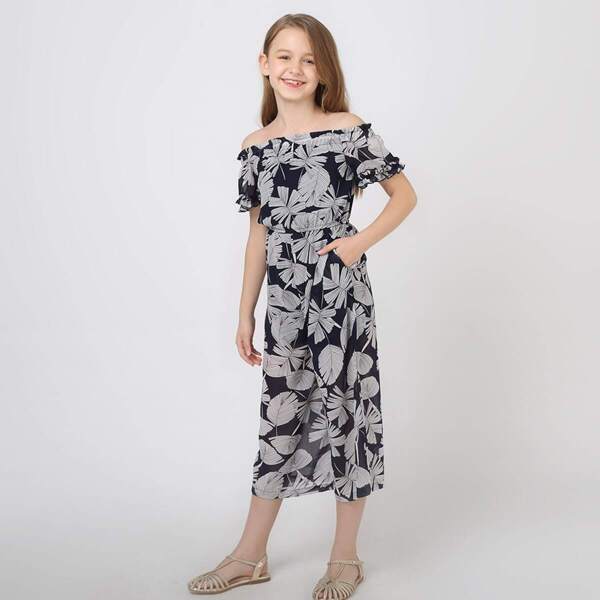 

Toddler Girls Off-Shoulder Tropical Print Frill Cuff Jumpsuit