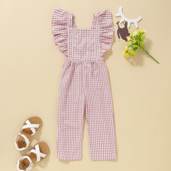 

Toddler Girls Ruffle Sleeve Square Neck Gingham Print Jumpsuit