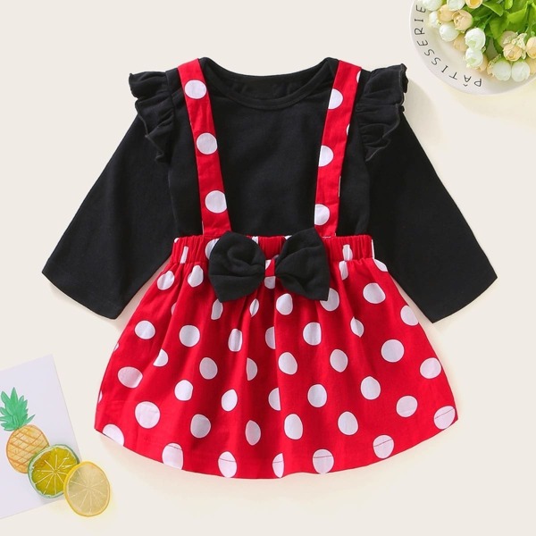 

Baby Frill Trim Top With Polka Dot Bow Front Skirt