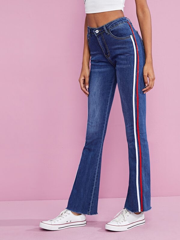 

Contrast Tape Side Flare Leg Jeans, Blue, Leticia