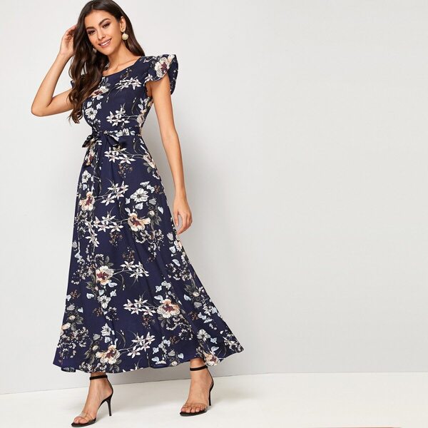 

Floral Print Ruffle Sleeve Belted Maxi Dress
