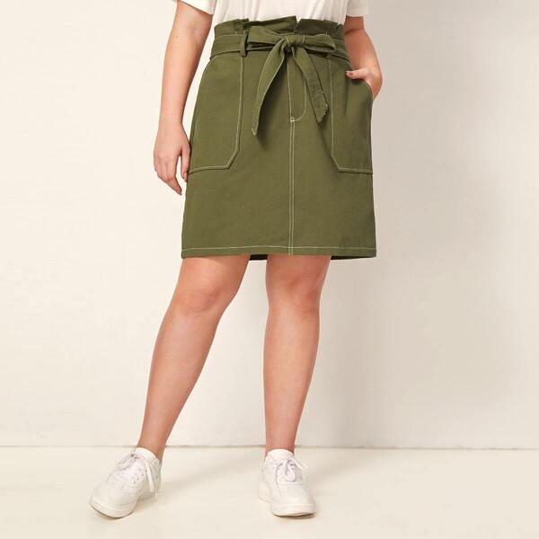 

Plus Paperbag Waist Belted Denim Skirt, Army green