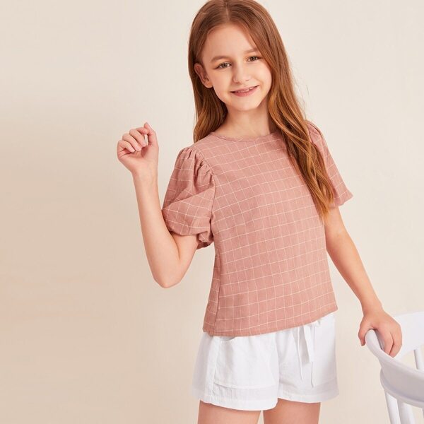 

Girls Grid Print Keyhole Back Top