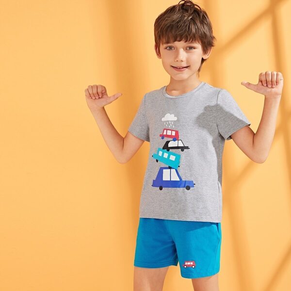 

Boys Cartoon Print Top and Slant Pocket PJ Set, Multicolor