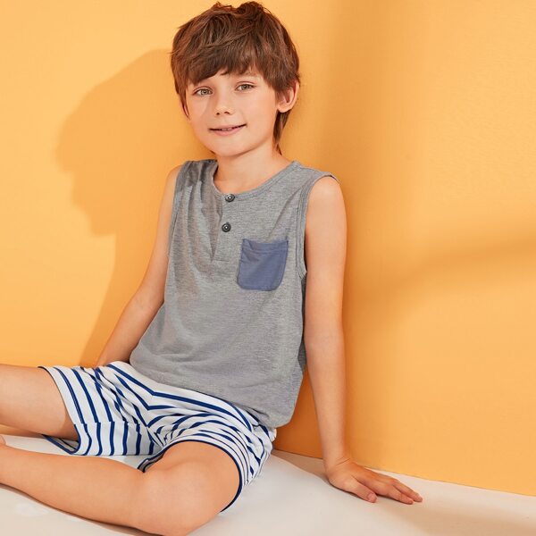 

Boys Buttoned Pocket Detail Top & Striped Shorts PJ Set, Multicolor