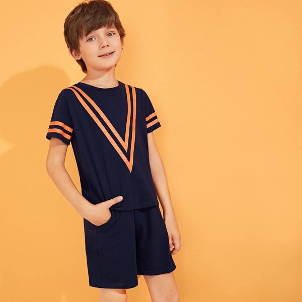 

Boys Chevron Striped Top & Shorts PJ Set, Navy
