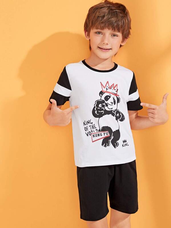 

Boys Panda Print Top & Shorts PJ Set, Black and white, Bogdan