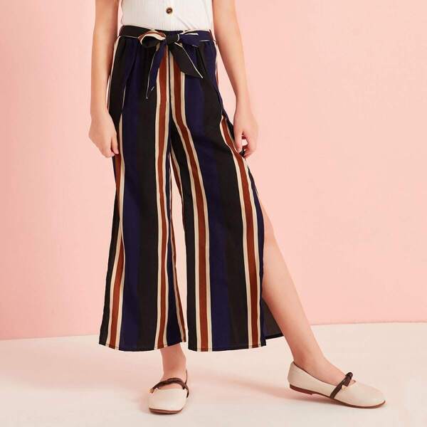 

Girls Striped Split Tie Front Wide Leg Pants, Multicolor