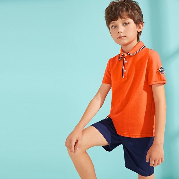 

Boys Patched Detail Striped Collar Polo Shirt, Orange bright