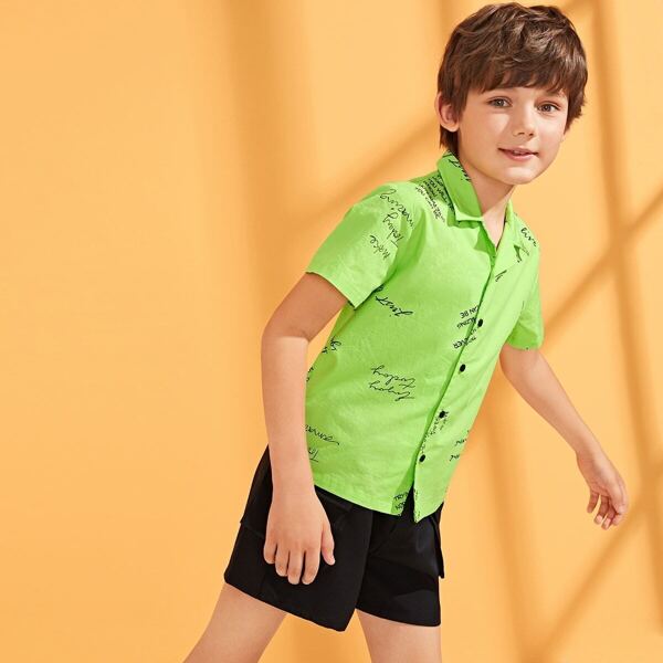 

Boys Neon Lime Letter Print Shirt, Green bright
