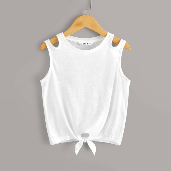 

Girls Cutout Shoulder Tie Hem Tank Top, White