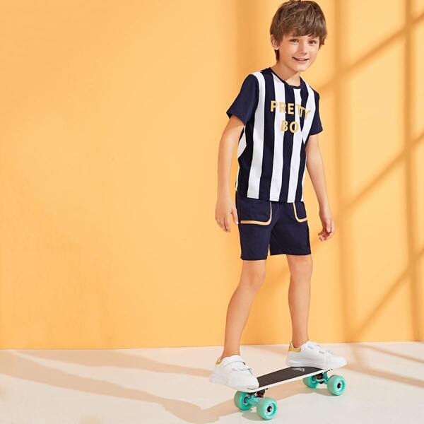 

Boys Striped Letter Print Tee & Shorts Set