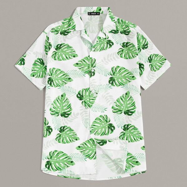 

Men Notch Collar Tropical Print Shirt