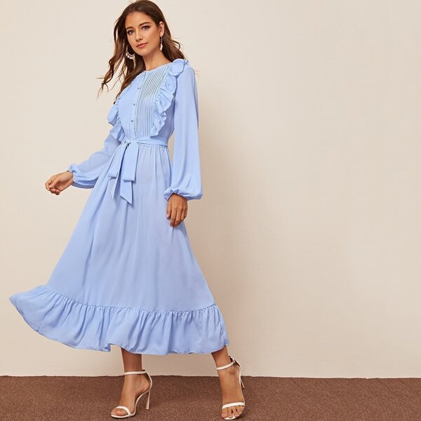 

Solid Ruffle Trim Button Front Belted Dress, Blue pastel